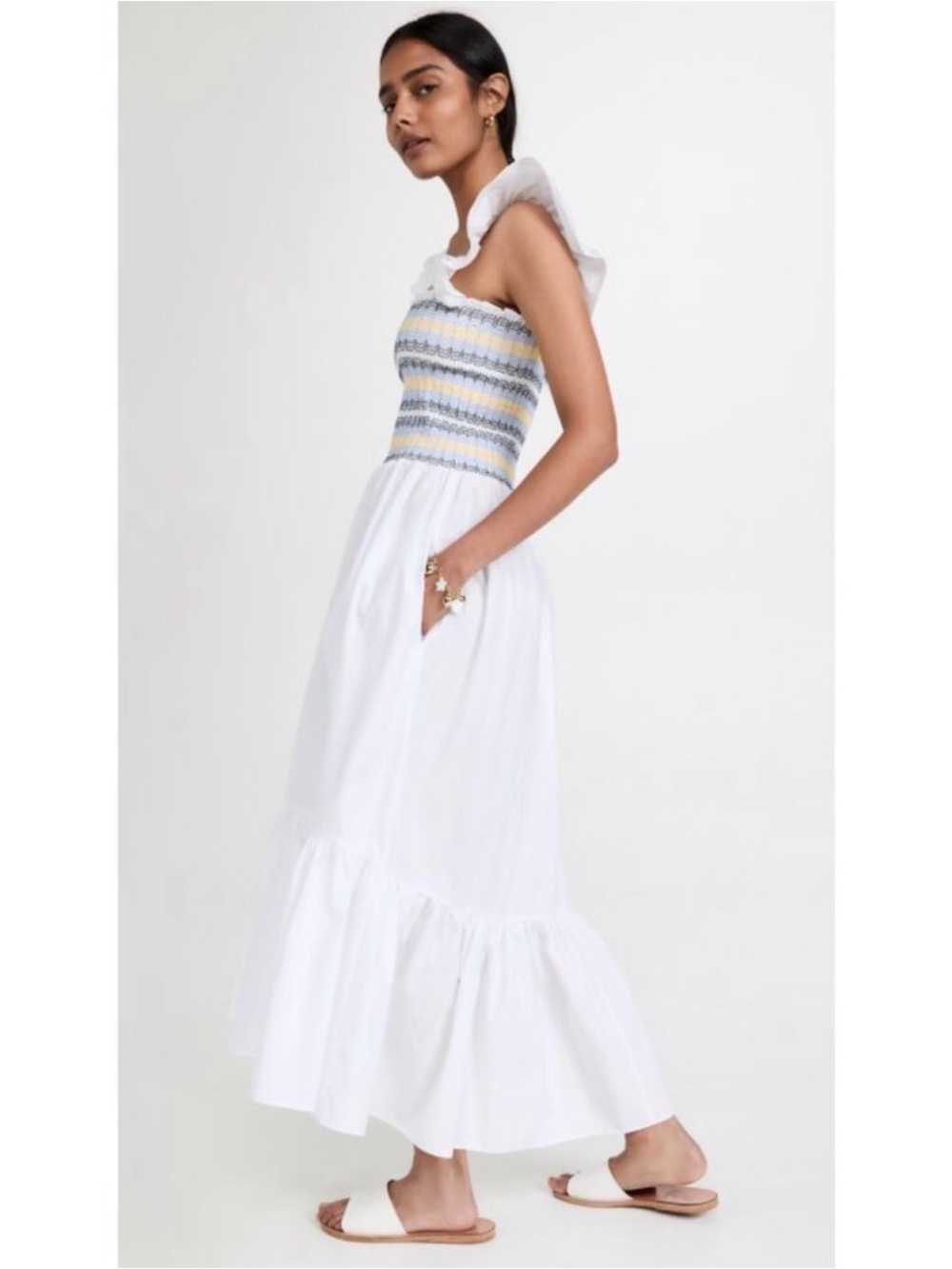 Cara Cara Ruby White Cotton Smocked Poplin Ruffle Midi Dress Size XS NWT - Picture 3 of 10